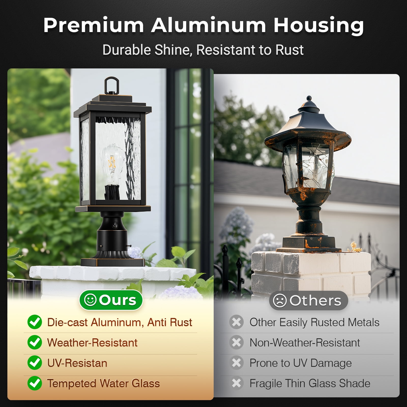 VIANIS Large Dusk to Dawn Outdoor Post Lights, Matte Black Hardwired Waterproof Outside Lamp Post with Pier Mount Base, 3-inch Aluminum Outdoor Post Light with Tempered Glass for Garage, Garden