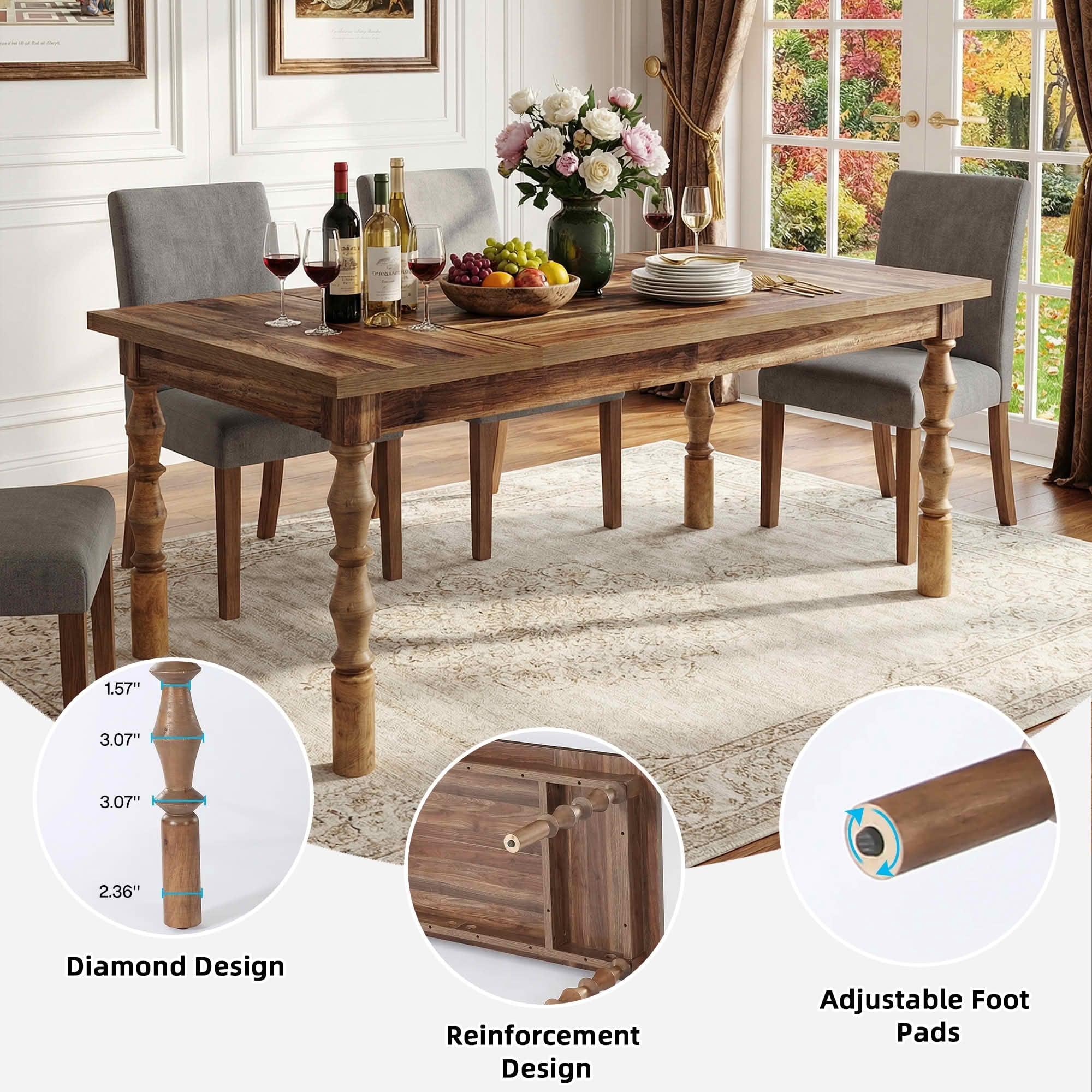MAYEERTY 62 Inch Rectangular Dining Table, Walnut Kitchen Dinner Table with Carved Turned Legs for 4 to 6 People