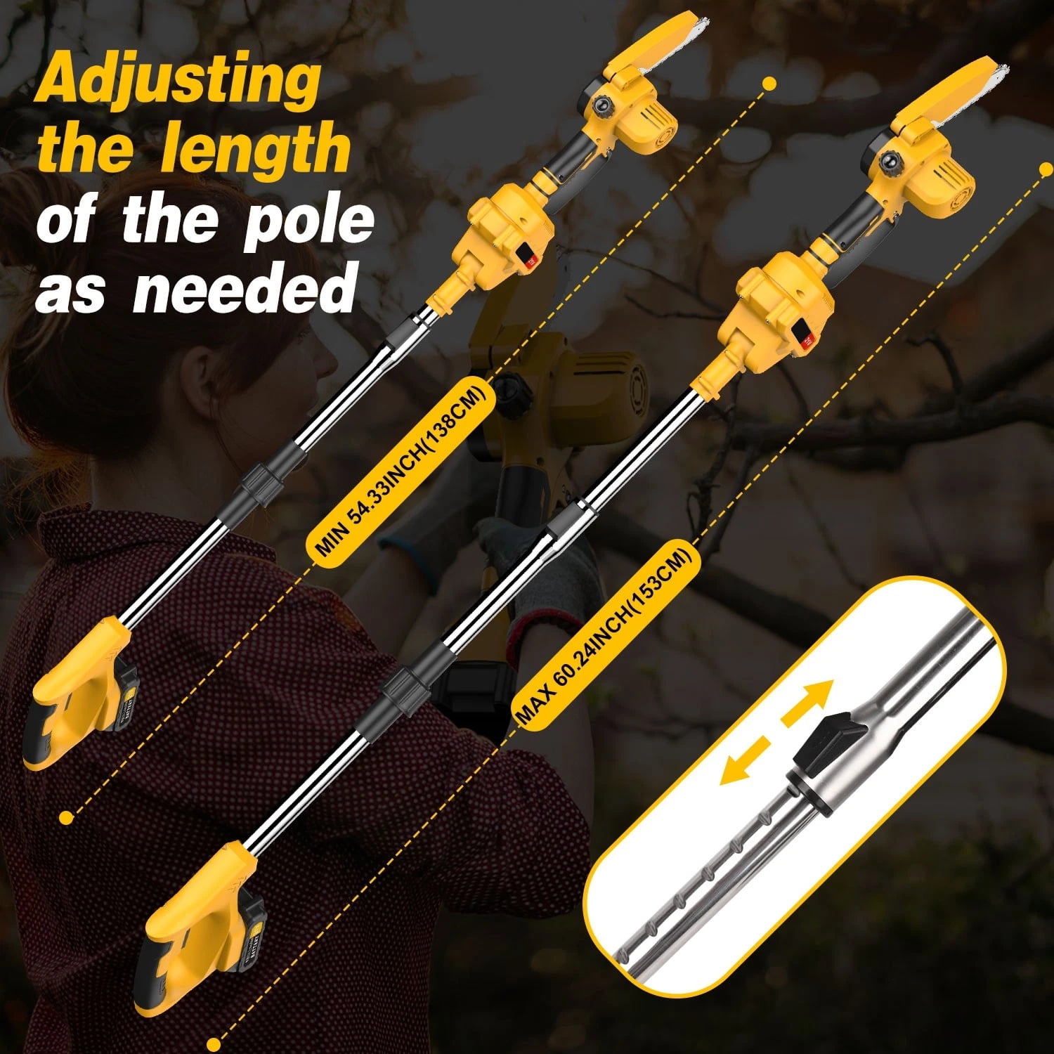 Cordless Pole Saw and Mini Chainsaw, 2-IN-1 Pole Chainsaw,Brushless Electric Pole Saw Battery Powered 4in/6in Chainsaw, 59 Inch Max Reach Tree Trimmer Pole Saw, Yellow