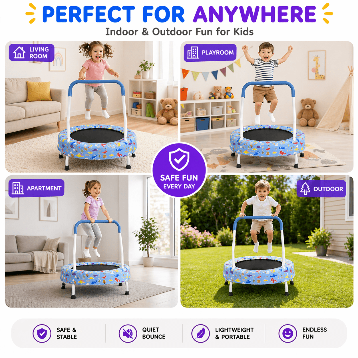 Witaxima 28inch Toddler Trampoline with Handle for Kids 1-4 Years, Indoor/Outdoor Baby Bouncer, Blue Forest, Max Weight 55lbs, Spring-Free Design