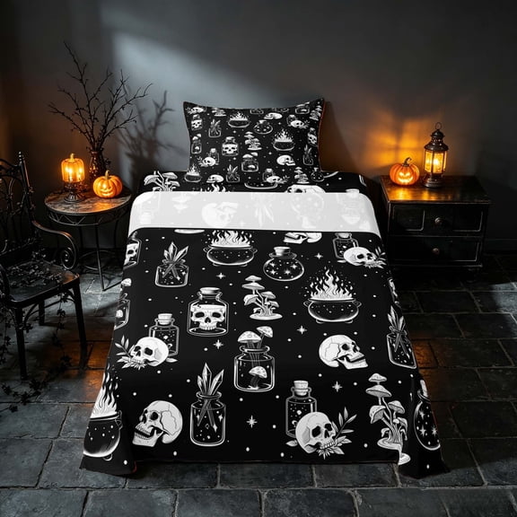 Homewish Halloween Gothic Skull Twin Sheets, Magical Mushroom Bedding, Black White, 3pcs (1 Flat Sheet, 1 Fitted Sheet and 1 Pillowcase)