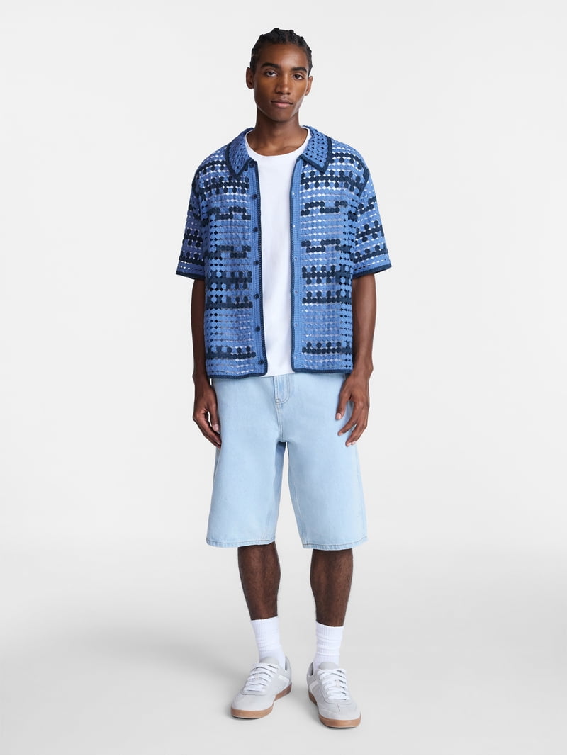 No Boundaries Men's Faux Crochet Boxy Fit Button Up Polo Shirt