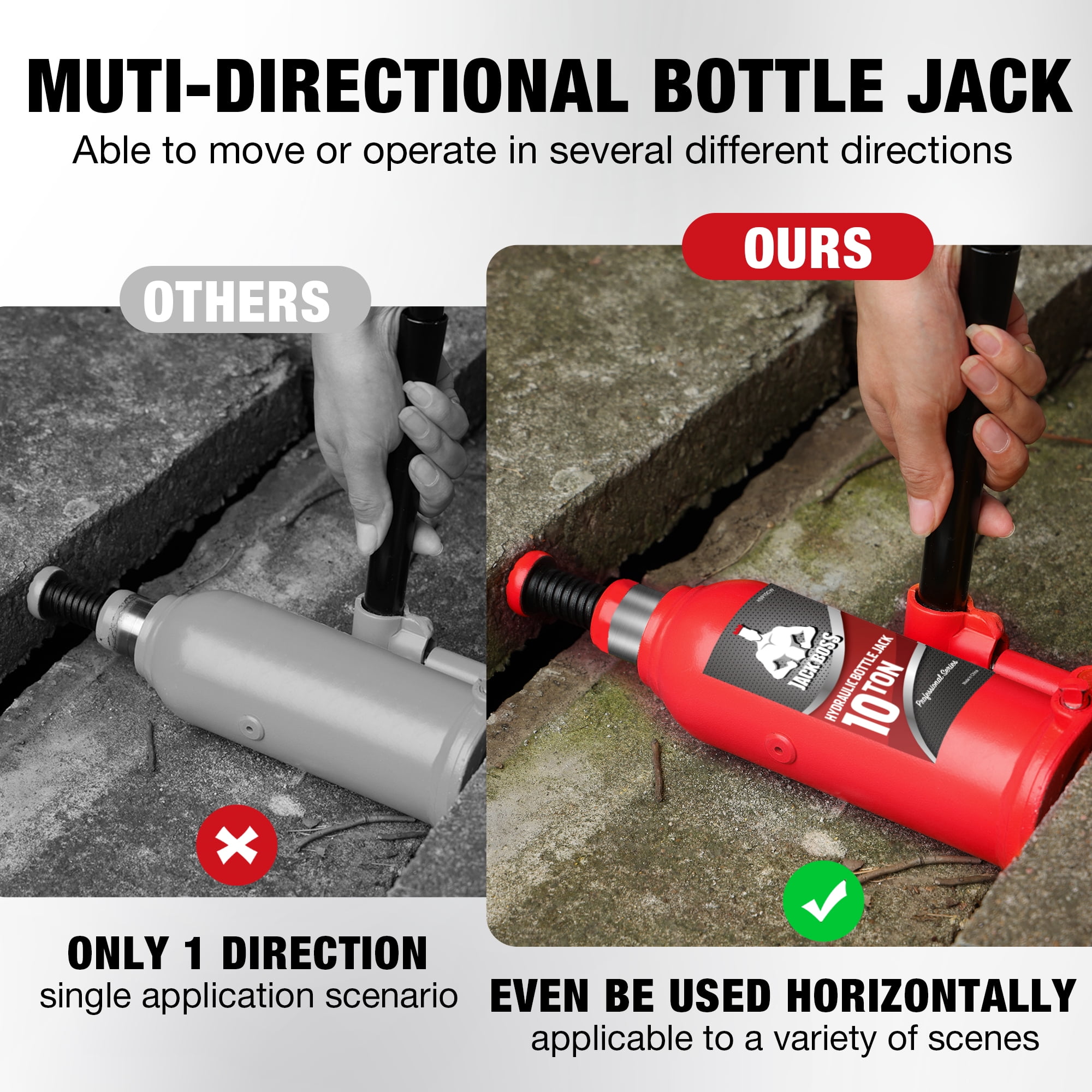 JACK BOSS Bottle Jack 10 Ton Muti-Directional Hydraulic Jack,Alloy Steel,Use for Car, Truck, RV,20,000lb，Red