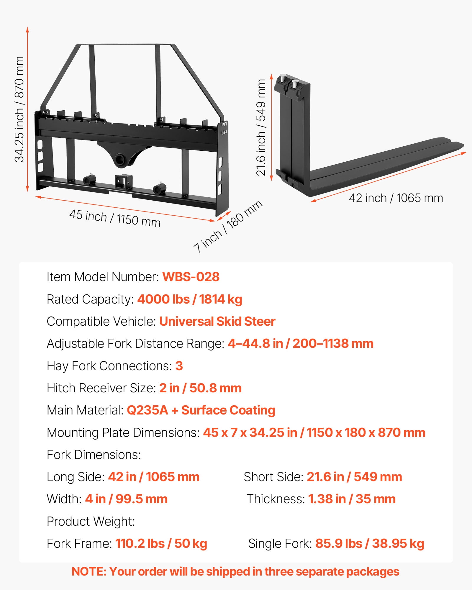 VEVOR Skid Steer Pallet Forks, 4000 lbs Rated Capacity, Pallet Fork Frame Attachment with 42-inch Pallet Forks Forklift Blades, 2-inch Hitch Receiver & Spear Sleeves, Fit for Skid Steers, Tractors