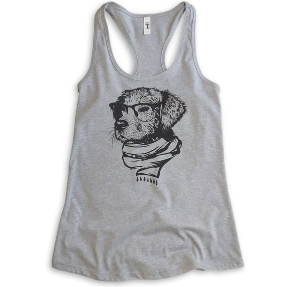 Hipster Dog Tank Top, Ladies Racerback Tank Top, Dog Lover Tank, Dog Tank, Dog Glasses Tank, Dog Nerd Tank, Heather Gray, Small