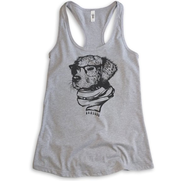 Hipster Dog Tank Top, Ladies Racerback Tank Top, Dog Lover Tank, Dog Tank, Dog Glasses Tank, Dog Nerd Tank, Heather Gray, Small