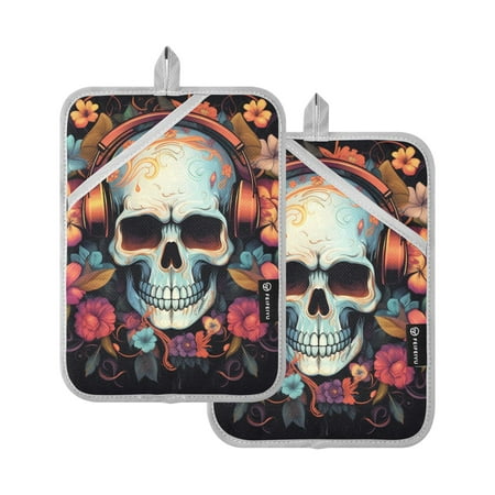 

Pot Holders Set of 2 Heat Resistant 338℉ Kitchen Oven Gloves Potholder Cooking Baking Microwave Mitts A Magic Skull Listening Music