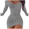 thumbnail image 2 of ZHOGXU Womens Casual Dress Long Sleeve V Neck Solid Color Knitted Fashion Comfortable Slim Fit Dresses For Casual Daily Wear,Grey,L, 2 of 6