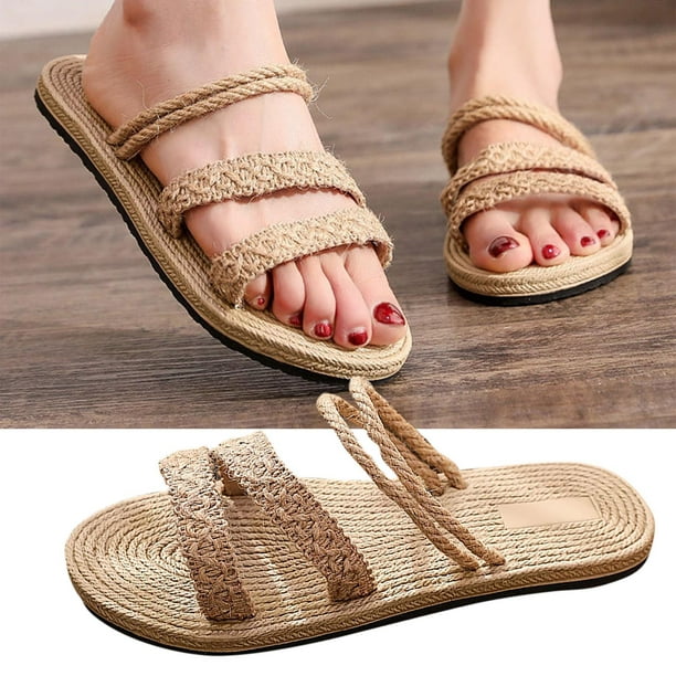 SMihono Sandals Womens Summer Plus Size Imitation Straw Espadrille Women's  Sandals Floral Flat Beach Flat-heel Clip-on Women's Slippers Slipper On