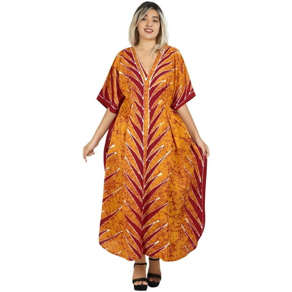 HAPPY BAY Women's Summer OverSize Caftan Long Muumuu Nightgown Loungewear Dashiki House Dresses for Women 2X-3X Orange, Leaves