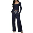 thumbnail image 2 of Cute Pajamas for Juniors High Waisted Low Rise Bell Sleeve Ribbed Knit Warm Comfy Elastic Drawstring Night Sleepwear, 2 of 5