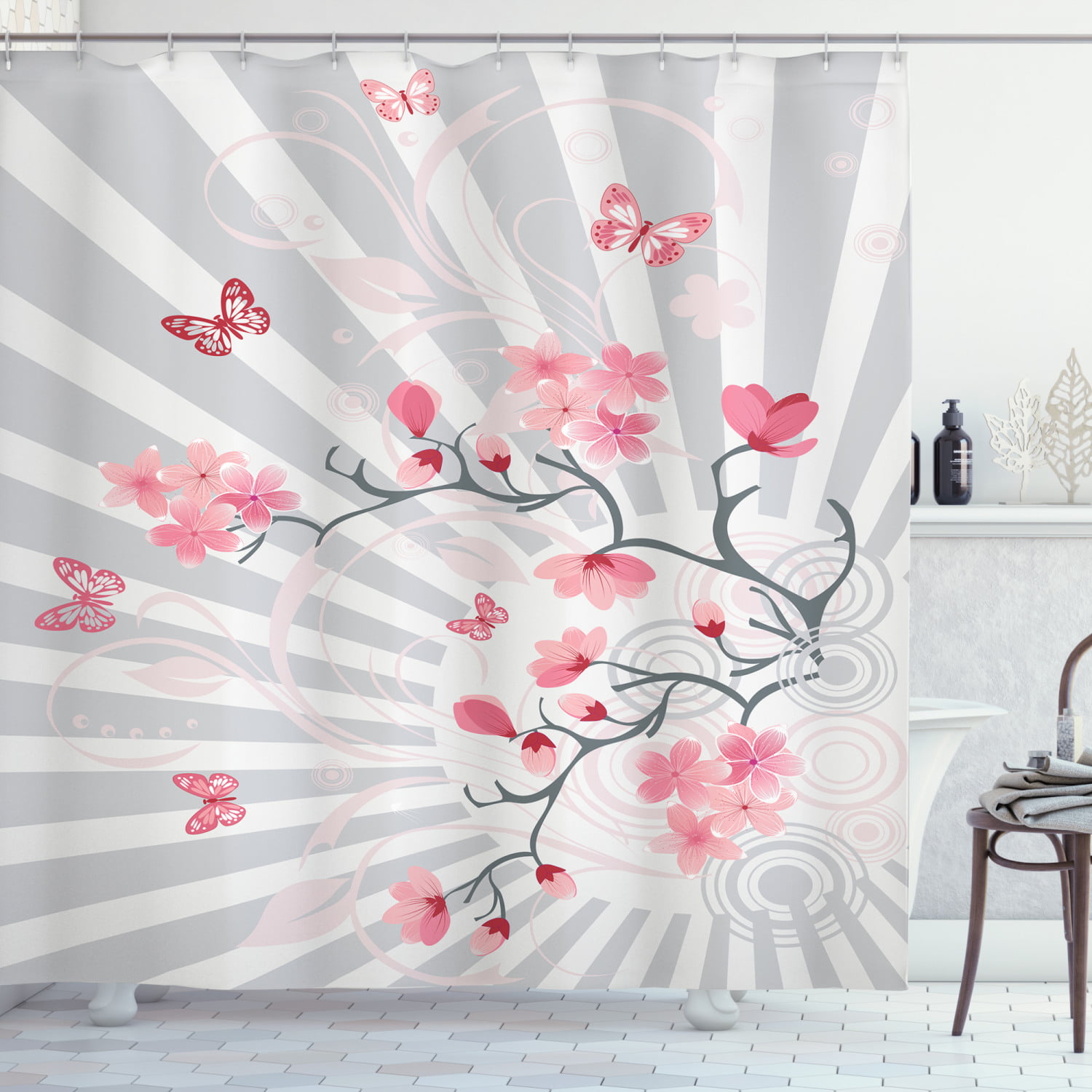 Ambesonne Butterfly Shower Curtain Light Pink Pastel Colored Blossoming Roses with Spring Season Insects Romantic Feminine 69 W x 84 L Cloth Fabric Bathroom Decor Set with Hooks