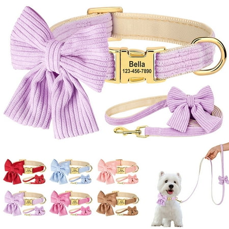 Personalized Bow Tie Dog Collar with Leash set Soft & Comfy Velvet Pet Puppy Adjustable Neck Strap Engraved Name ID Buckle