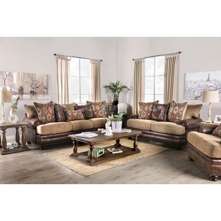 Transitional Brown & Tan Leatherette & Chenille Sofa and Loveseat FOA Fletcher