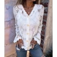thumbnail image 6 of Women Cardigan Crochet Sweater Hollow Out Button Front V Neck Long Sleeve Knit Crop Sweater Top White XL, 6 of 7