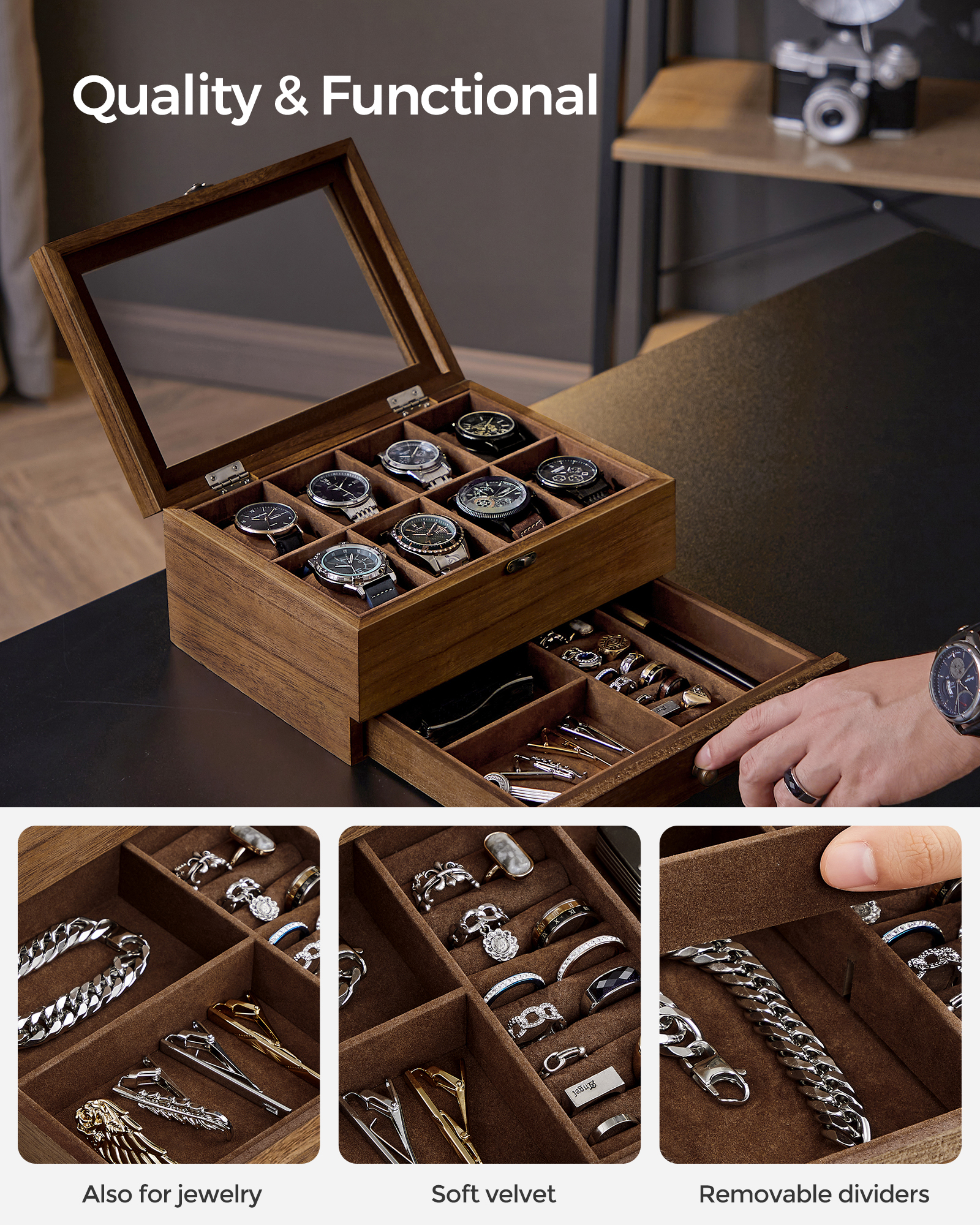 SONGMICS 2-Tier Rustic Walnut Watch Display Box photo 4