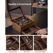 2-Tier Watch Box, 8-Slot Display Case, Rustic Walnut, Glass Lid, Removable Pillows, Velvet Lining, Jewelry Storage