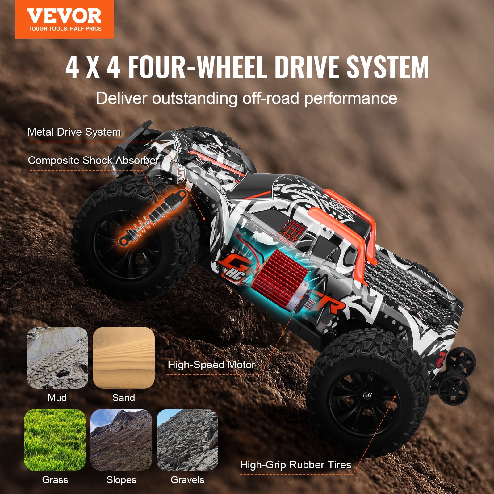 VEVOR Remote Control Car, 1:14 Scale RC Car for Kids, All Terrain 4WD Off-Road Monster Truck with 45° Wheelie & 2 Batteries, 38 km/h High Speed Hobby Racing Car - Ideal Gift for 8+ Years Kids
