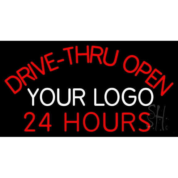 Custom Drive Thru Open 24 Hours LED Neon Sign 13 x 24 - inches, Clear Edge Cut Acrylic Backing, with Dimmer - Bright and Premium built indoor LED Neon Sign for restaurant window and interior decor.