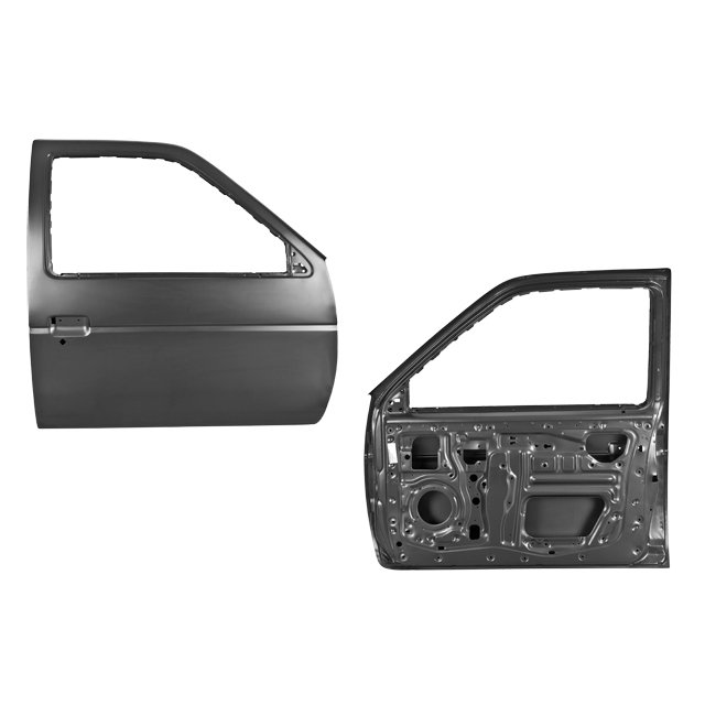 puerta d21 1986 al 2008 nissan derecha/pasajero tong yang Producto Nuevo, vista derecha exterior e interior de puerta para Nissan D21 (1986-2008) en metal con abertura de ventana, refuerzos y puntos de montaje visibles; cantidad 1 pieza, número de parte 54081-7697519. A menudo usada como reemplazo directo en reparaciones de carrocería.