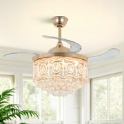 FINE MAKER Crystal Chandelier Retractable Ceiling Fan  LED Light, 42" Gold Fandelier Ceiling Fan with Light and Remote 3 Speed Indoor for Bedroom Dining Room