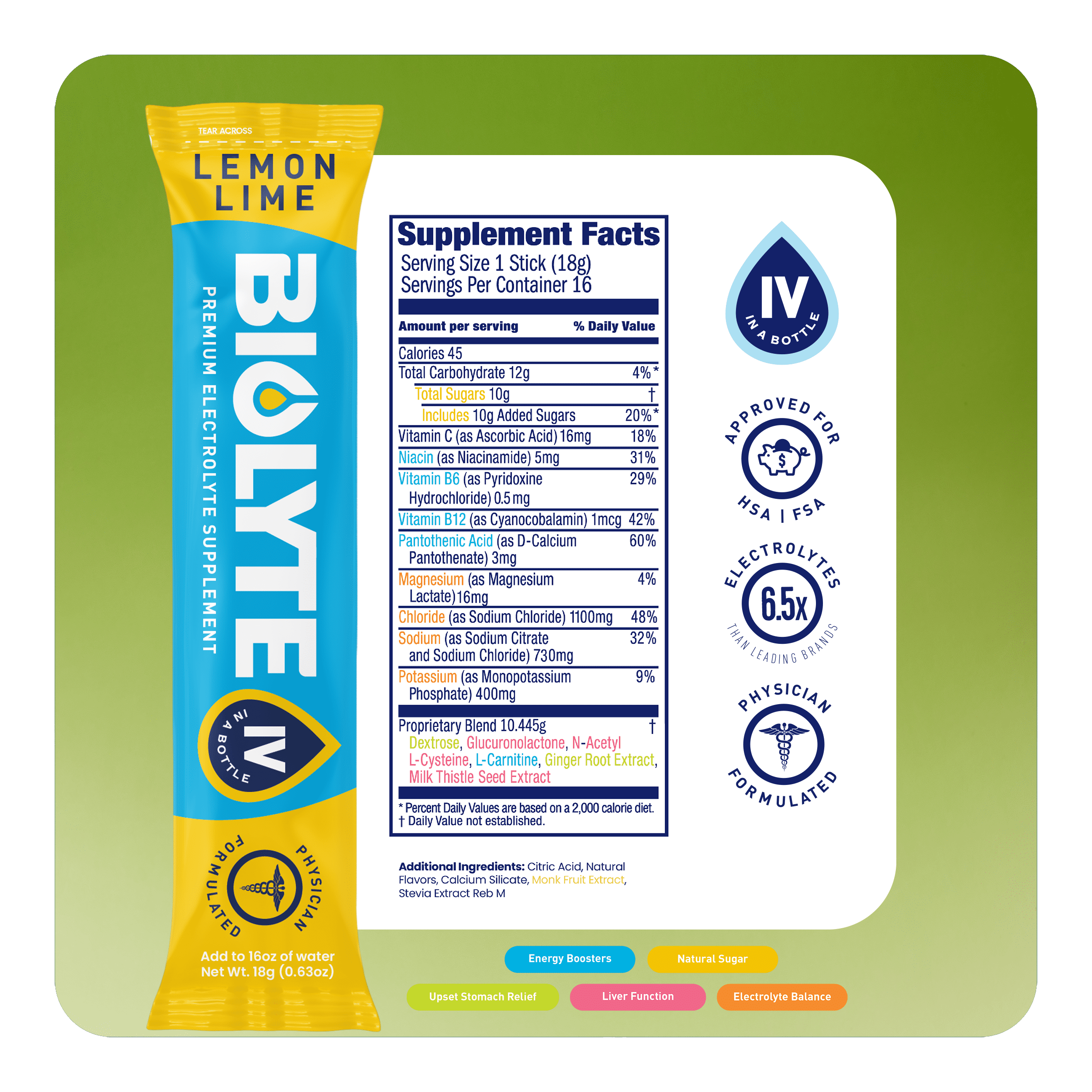BIOLYTE Electrolyte Powder Packet Drink Mix for Rapid Hydration, Lemon Lime, 16 pack