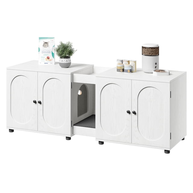 Extra Large Double Cat Litter Box Enclosure for 2 Cats - Hidden Cat Furniture with Rattan-Style Doors - Spacious Storage - Multi-Functional Cat Washroom Table - End Table TV Stand