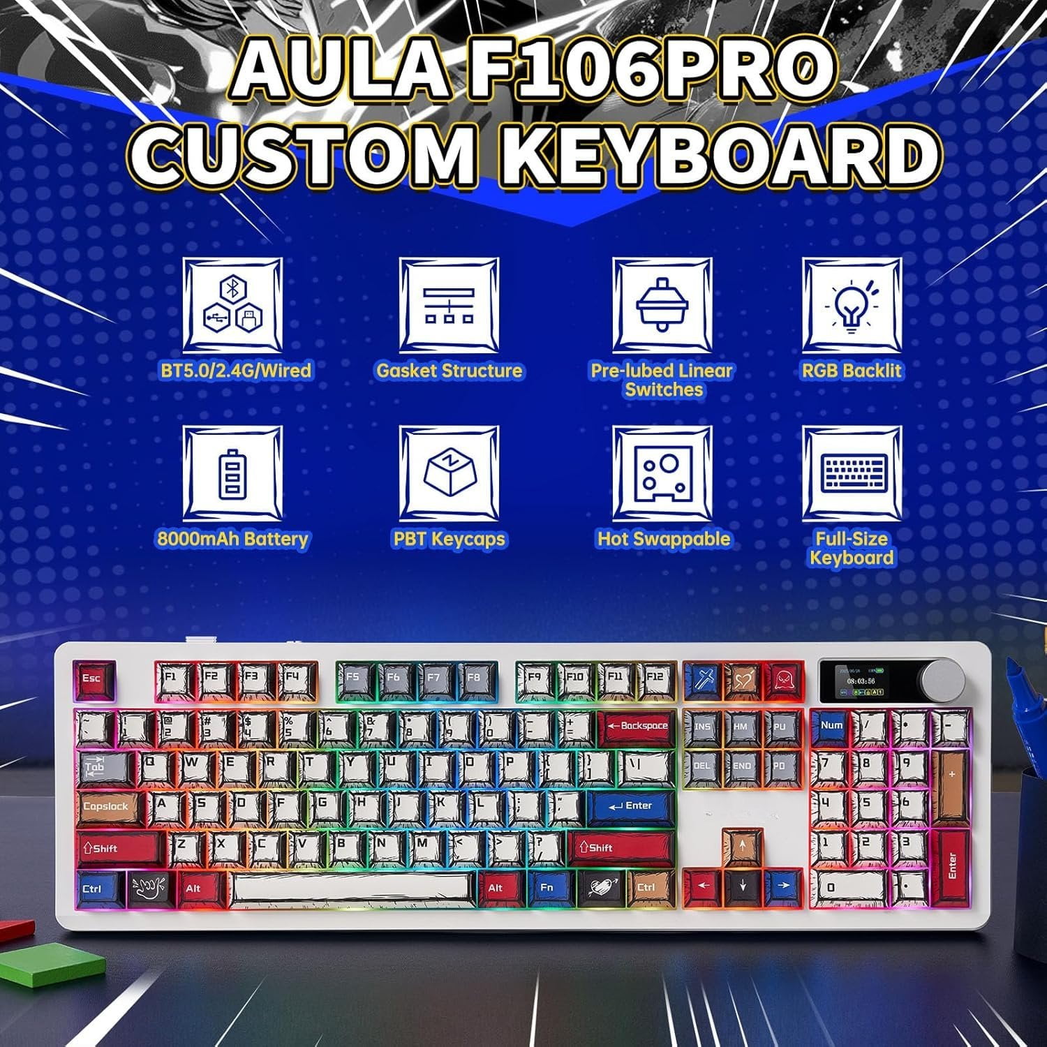 F106 PRO Mechanical Keyboard,Full Size Gaming Keyboard with Hot Swappable Knob & Screen,Tri-Mode RGB Backlit with 8000mAh for PC/Laptop/Windows - Blaze ,Comic Mix