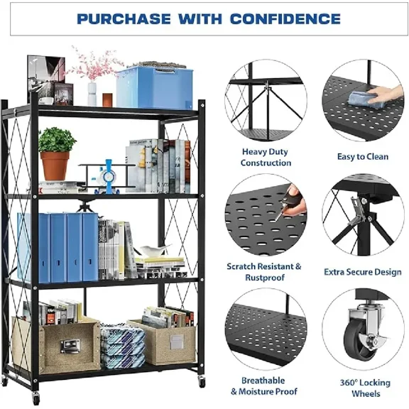 4-Tier Foldable Storage Shelf, Heavy Duty Waterproof Rustproof Organizer, Space Saving Rack for Kitchen, Pantry, Living Room