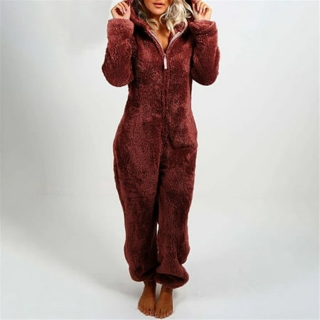 

〖TOTO〗Overcoats For Women Crew Neck Long Sleeve Hooded Jumpsuit Pajamas Casual Winter Warm Rompe Sleepwear