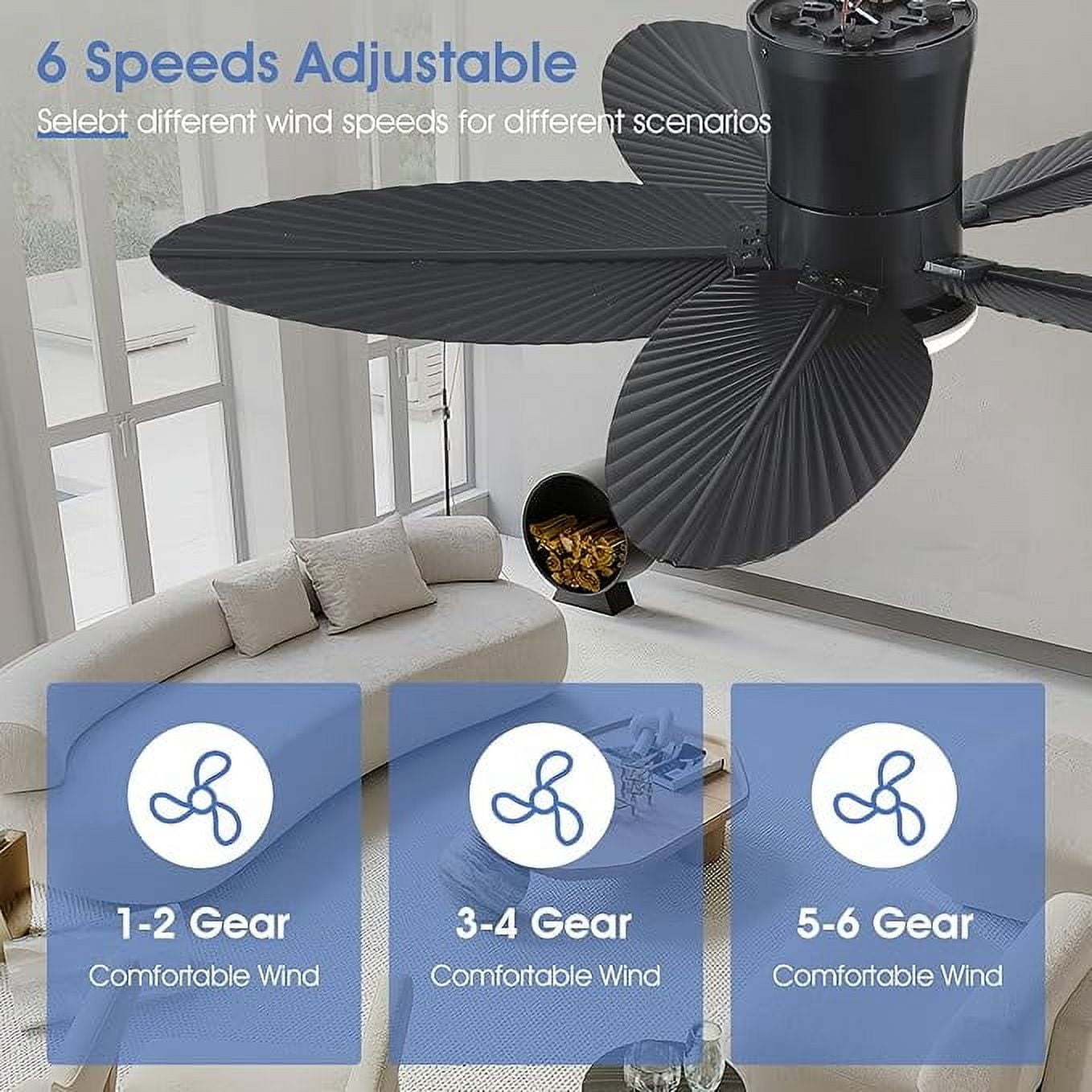 PHORUS 42'' Outdoor Ceiling Fan with Light and Remote,5 Palm Leaf Blades Ceiling Fan,Low Profile Tropical Energy Efficient Ceiling Fans for Outdoor,Indoor,Black