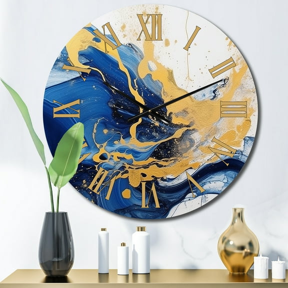 Designart "Strokes in Dark Blue and Gold III" Fractals Oversized Wall Clock