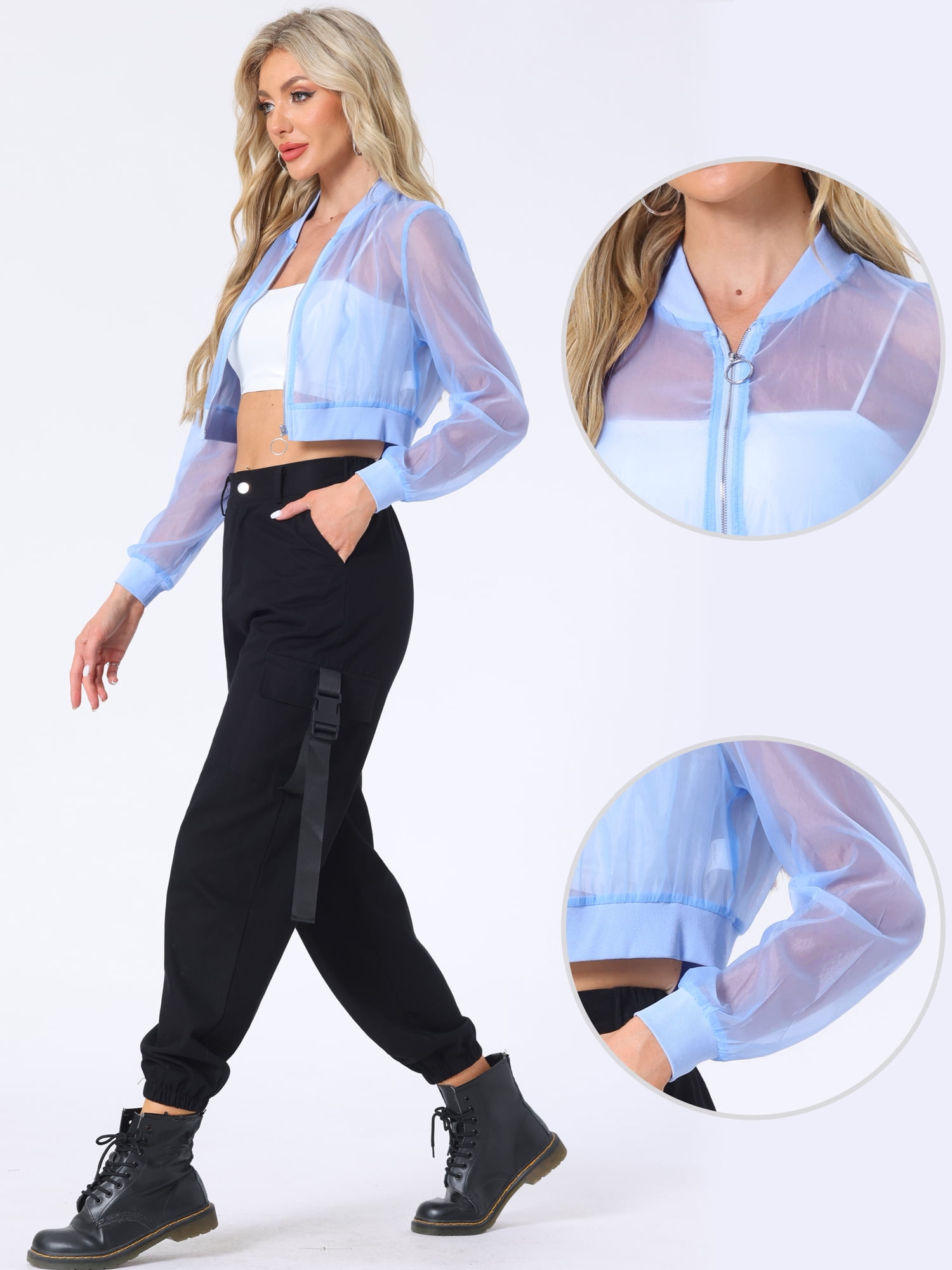 DARING DIVA Crop Bomber Casual Lightweight Zip Up Jackets S Light Blue