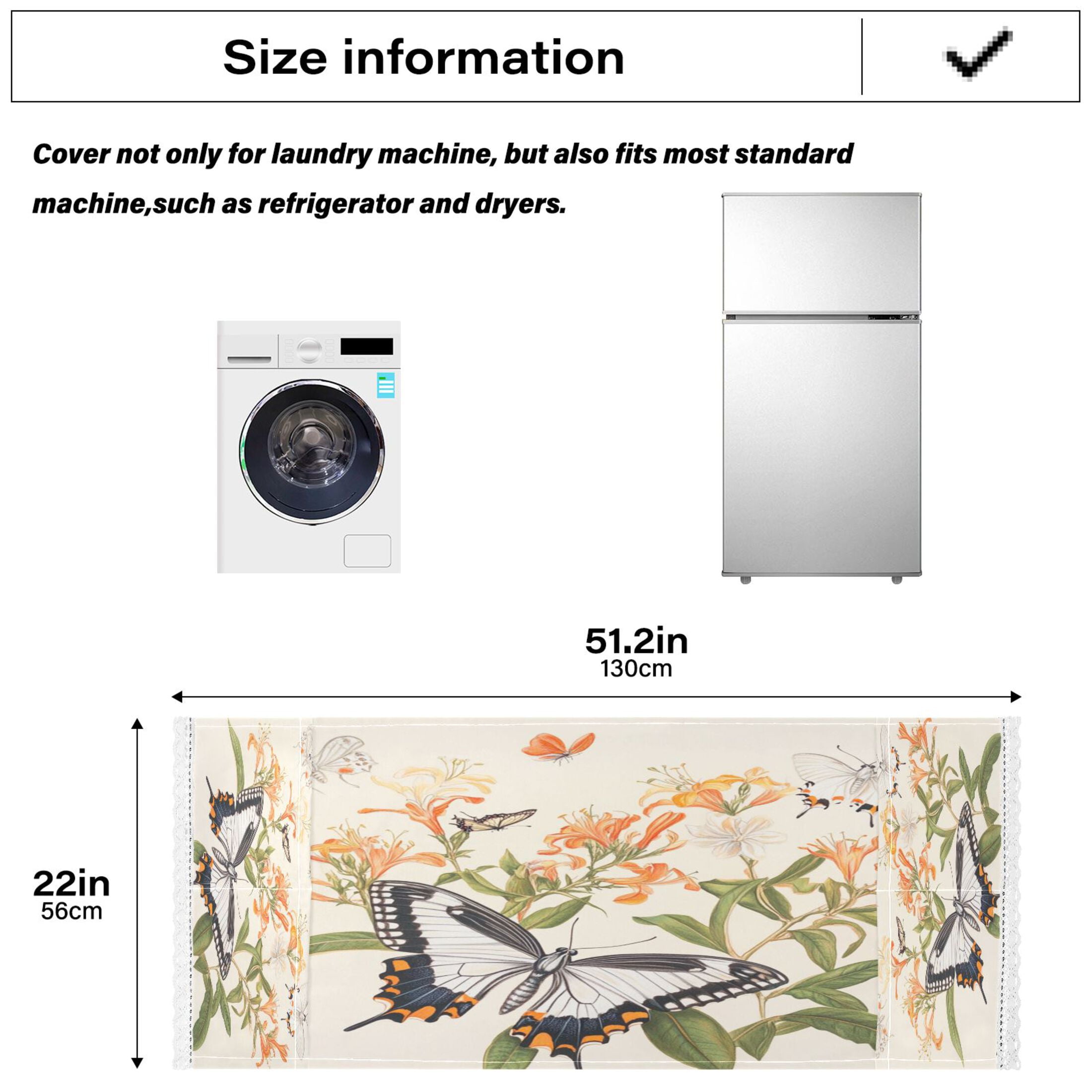 Various ButterfliesWasher and Dryer Covers Dust-Proof and Oil Resistant Fridge Cover with 4 Storage Pockets Washing Machine Top Cover for Laundry Kitchen Home 51.2 x 22 In