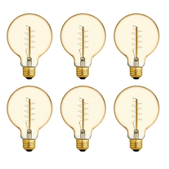 (case of 6 bulbs) GE 46176 Vintage G30, Amber Glass, 60 watt, meandering joyous spiral filament, dimmable amber candlelight glow, lightbulb