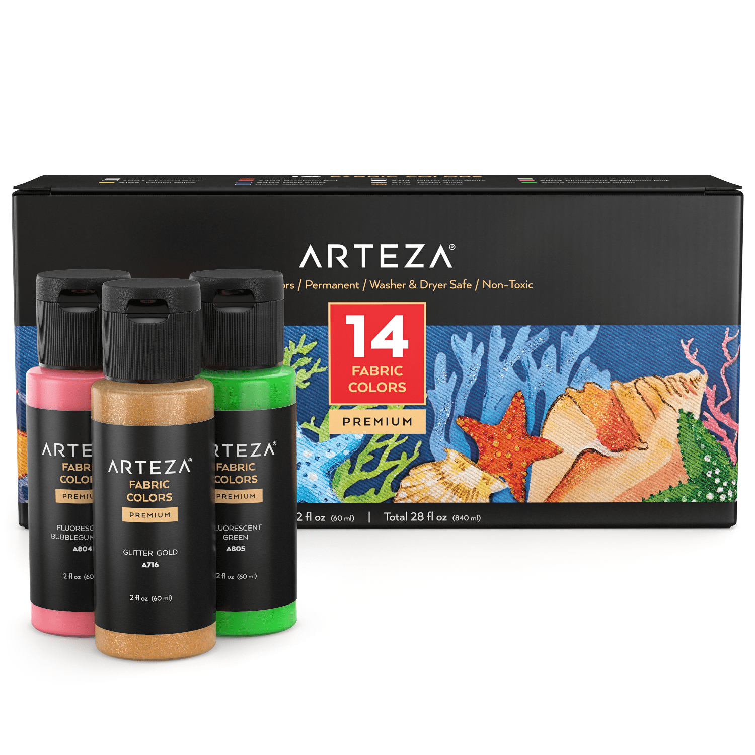 Arteza Premium Fabric Paints, Assorted Colors 14 Pack