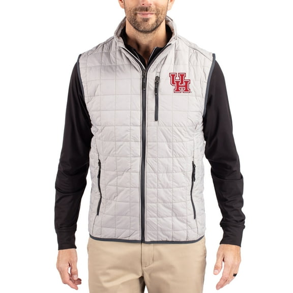 Men's-Cutter & Buck Gray Houston Cougars Rainier Eco Insulated PrimaLoft Full-Zip Puffer Vest