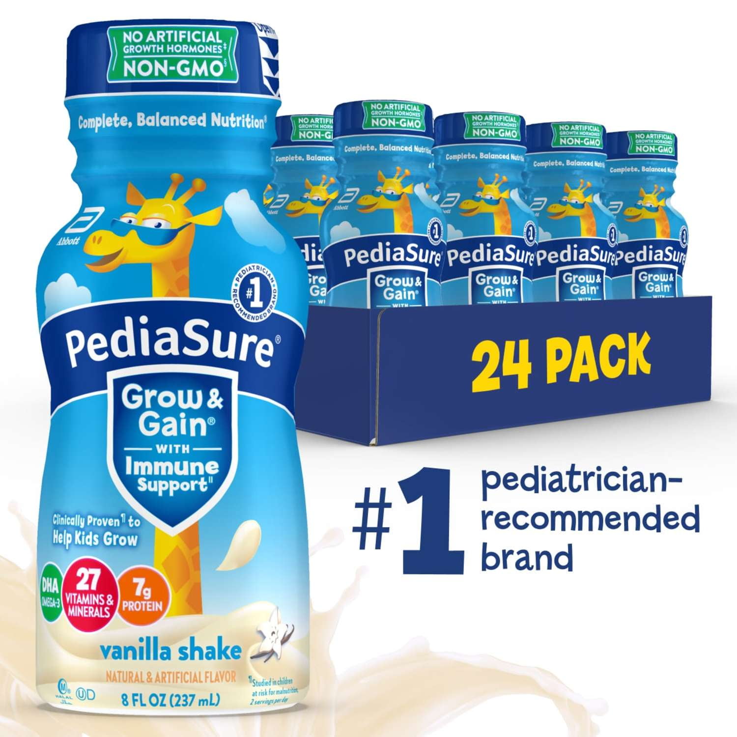 PediaSure Grow & Gain with Immune Support, 7g Protein, Vanilla, 8-fl-oz Bottle, Pack of 24
