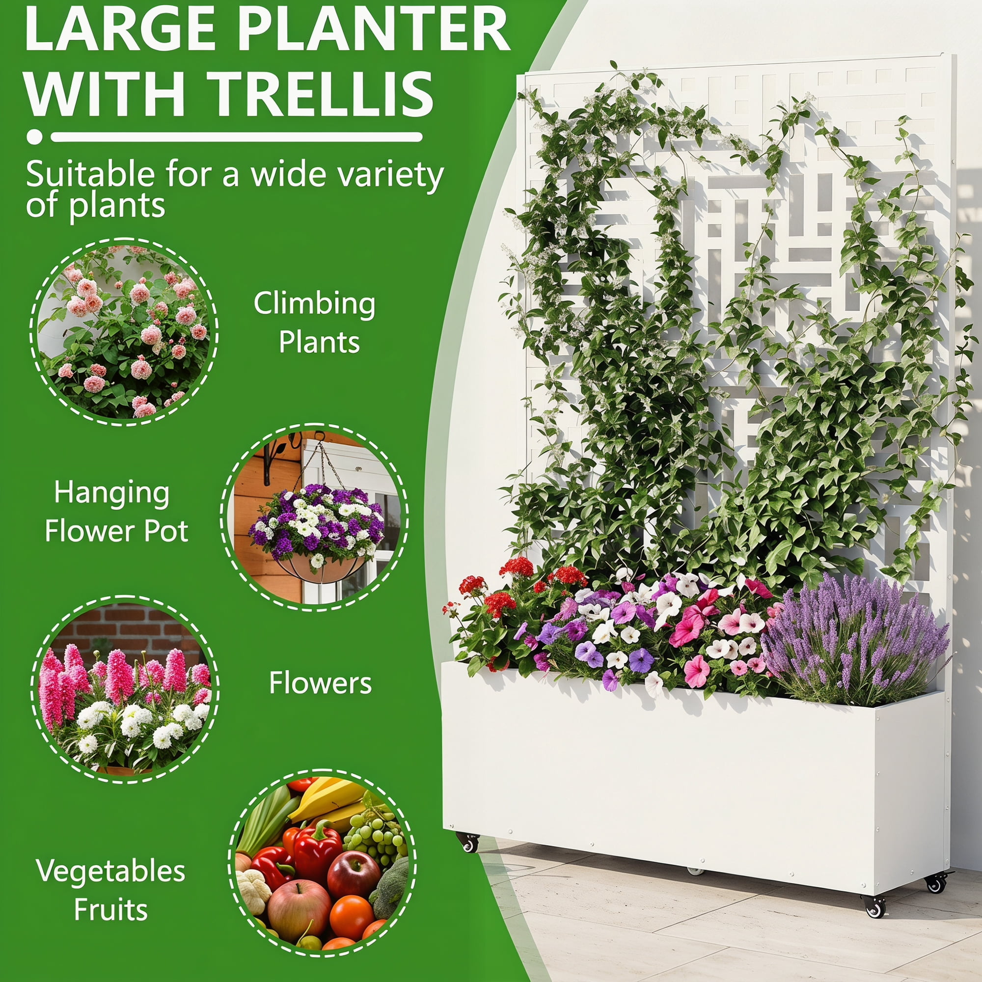 71'' H Metal Planter with Trellis and Wheels Set of 2, Outdoor Raised Garden Bed for Climbing Plants, Trellis Planter Box with Drainage Hole, White