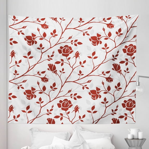 Floral Tapestry, Monochrome Floral Arrangement Roses Leaves Branches Retro Environment Elements, Fabric Wall Hanging Decor for Bedroom Living Room Dorm, 5 Sizes, Ruby Beige White, by Ambesonne