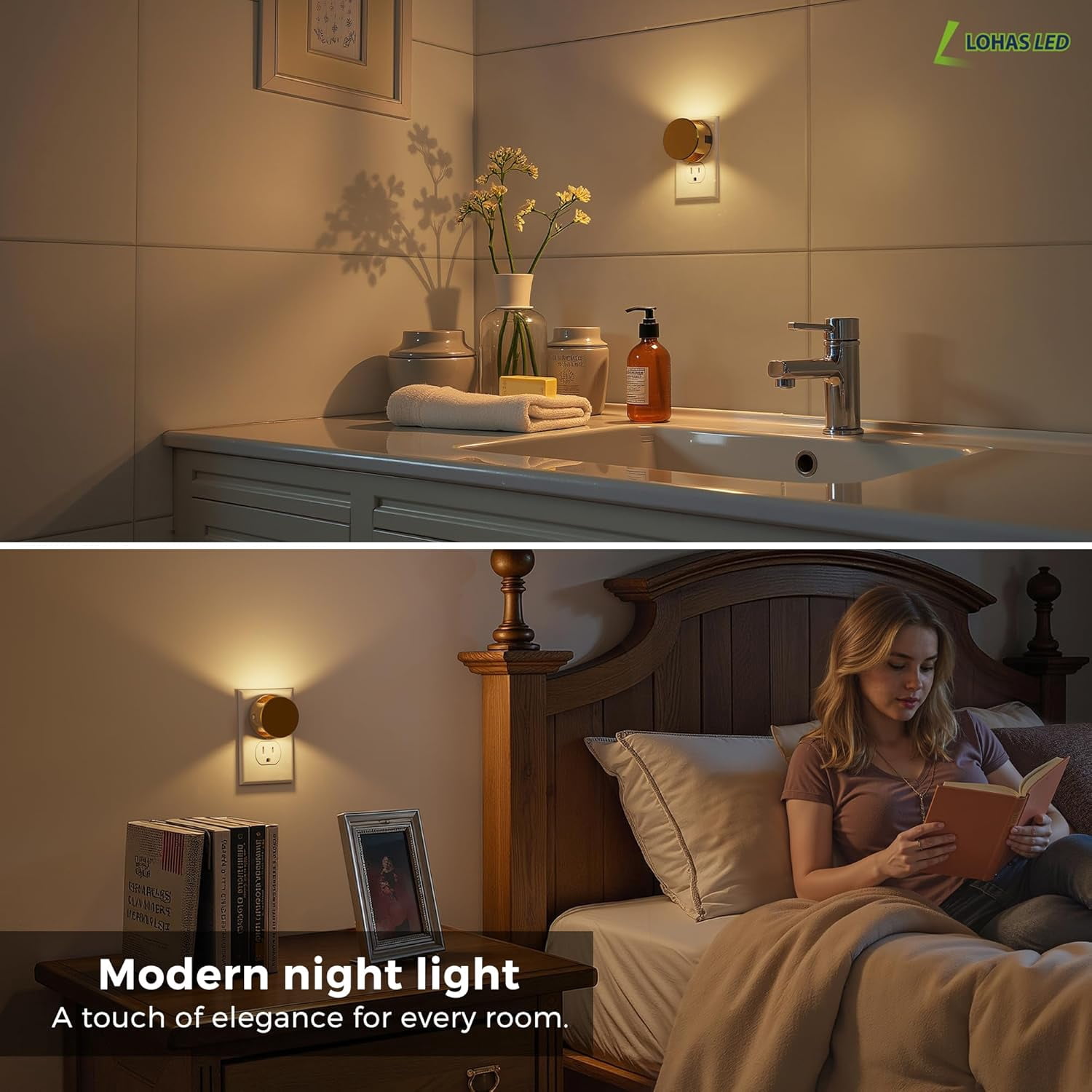 RGHJAR-Night Lights Plug into Wall, Plug in Night Light with Dusk to Dawn Sensor,Brightness Adjustable,3000K Warm White,Dimmable Gold Nightlight for Adults Hallway Bathroom