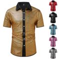 thumbnail image 4 of CHEEREAM Mens Button Down Disco Shirt Outfit Men Retro 70s Shirts Sequin Metallic Short Sleeve Disco Outfits Party Costume Top Purple M, 4 of 4