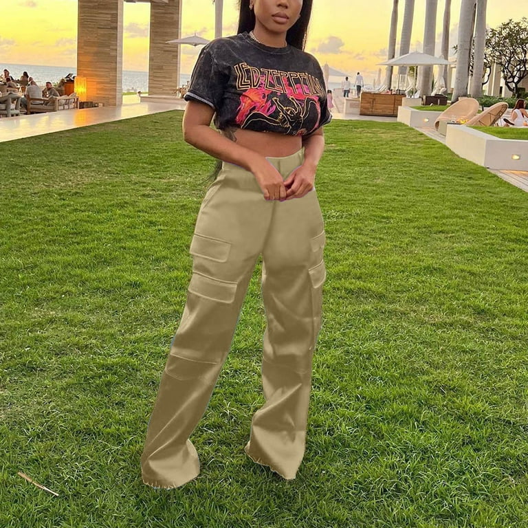 Seltaon Women's High Waist Satin Cargo Pants - Y2K Streetwear Wide Leg Trousers With Pockets