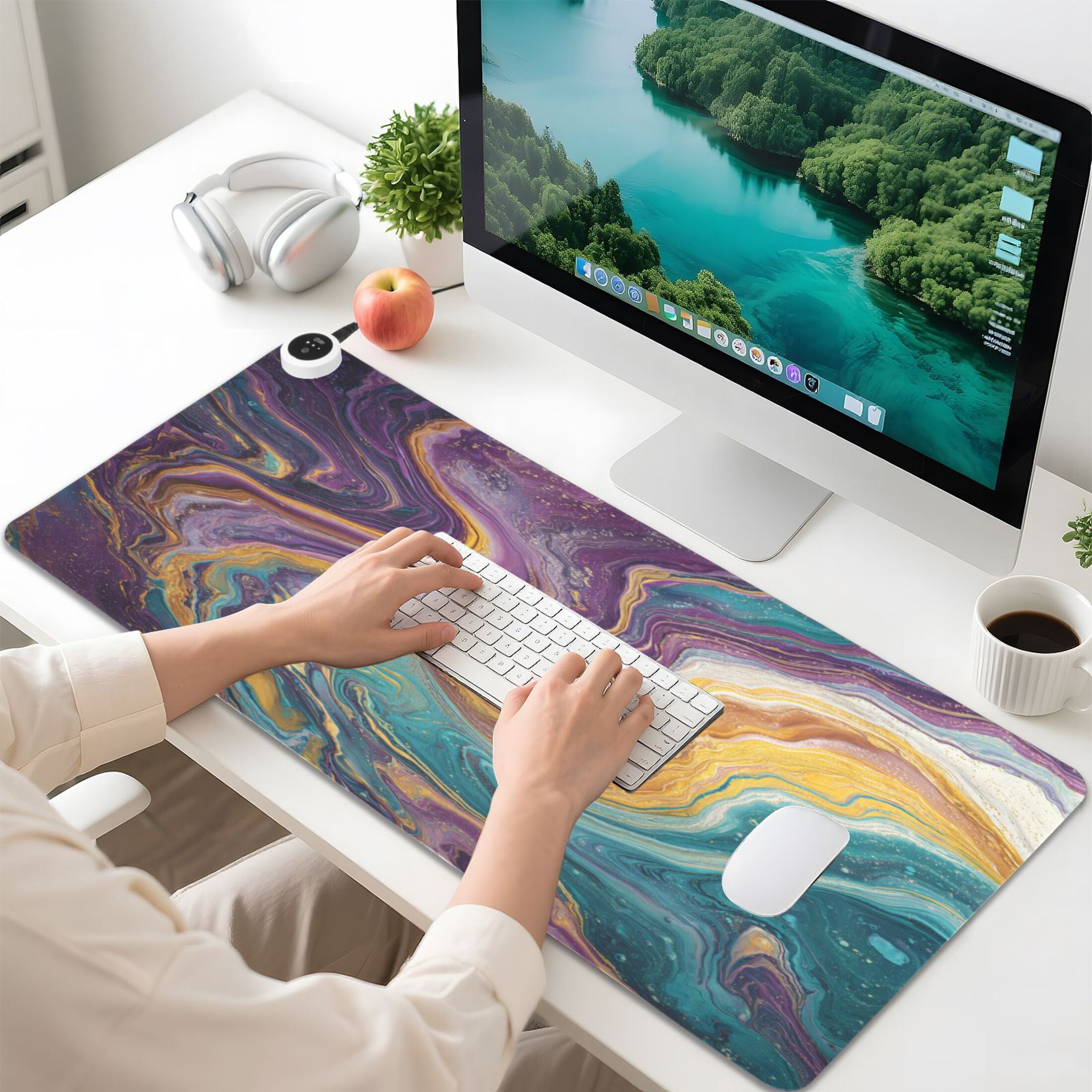 Large Heated Desk Mat Mouse Pad 31.5"x13"PU Leather Graphene Heating Desk Warmer with 3 Temperature Settings 110V US Plug Non-Slip Warm Pad for Home, Office, and Gaming Marble Veins in Various Colors