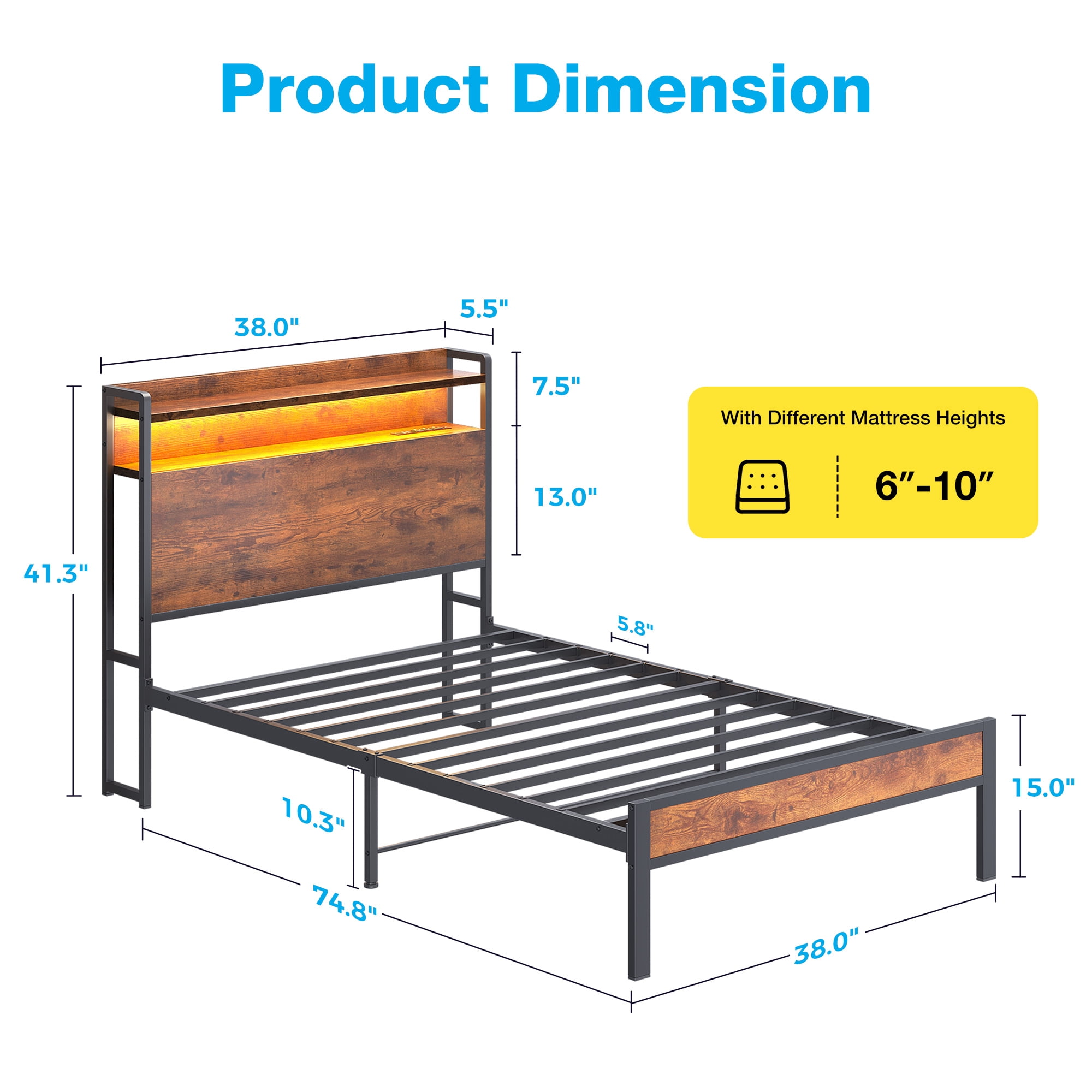 Casacomoda Twin Bed Frames, Storage Headboard with Charging Station, RGB Light Strips, Solid and Stable, Noise Free, No Box Spring Needed, Easy Assembly, Rustic Brown