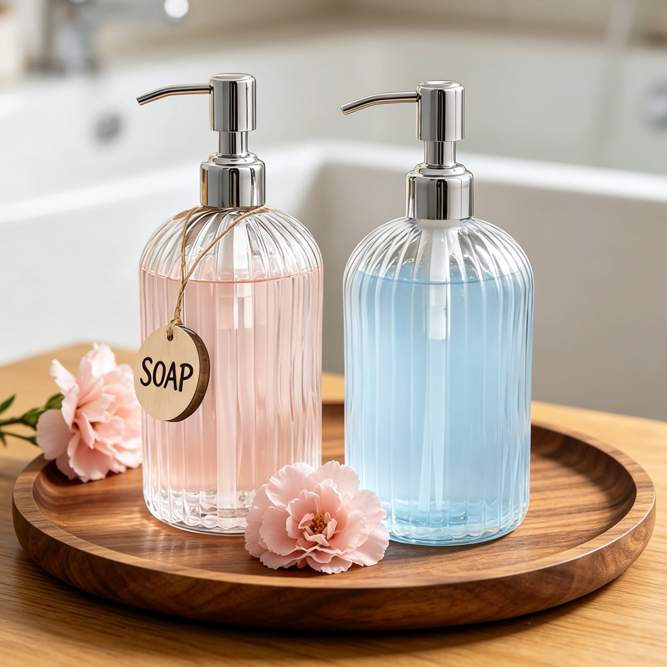 HOQBN 2 Pack Glass Soap Dispenser, Refillable Hand Soap & Dish Soap Dispenser with Stainless Steel Pump & Wooden Tag for Bathroom Kitchen