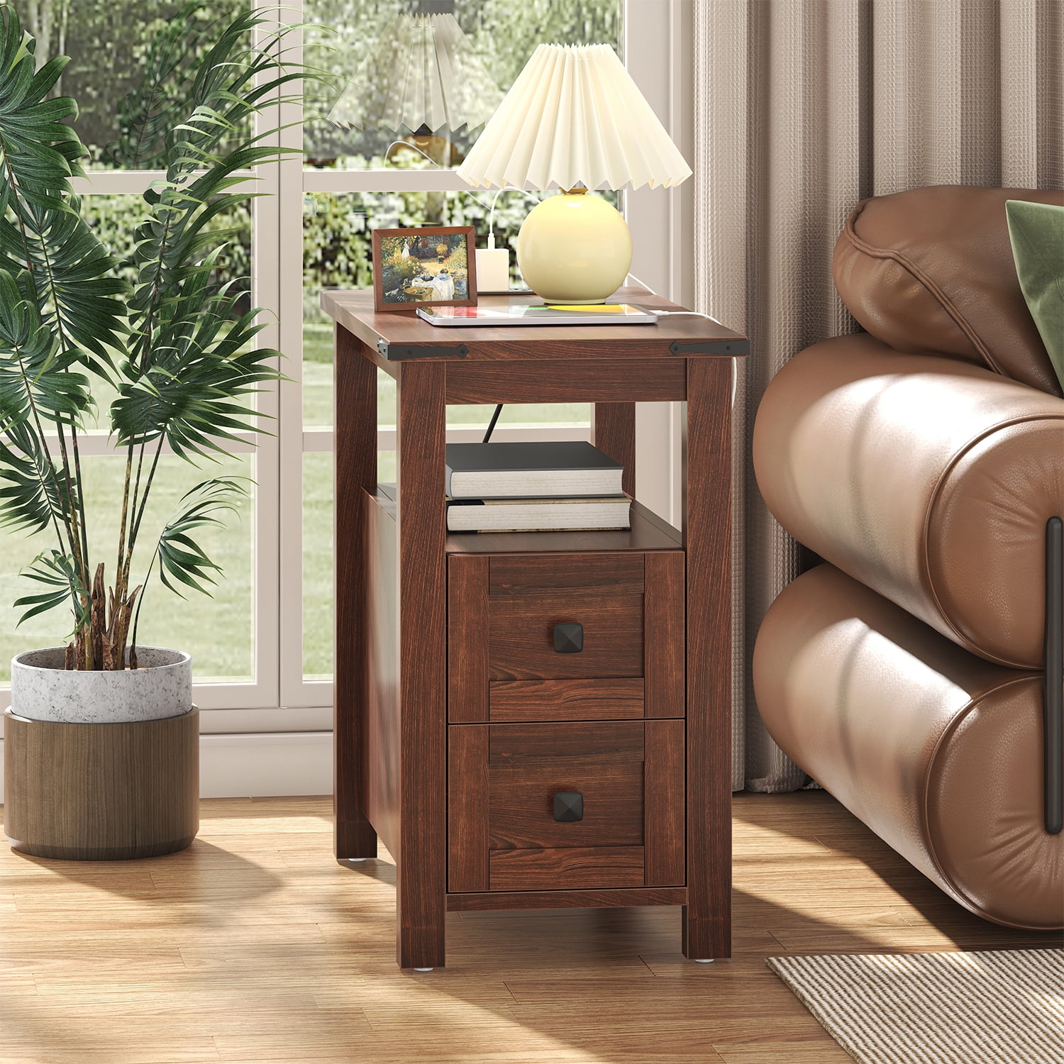 Winkalon Modern Farmhouse 2-Drawer Nightstand with Charging Station for Home Bedroom Living Room, Rustic Metal Wood End Table, Side Table,Cherry