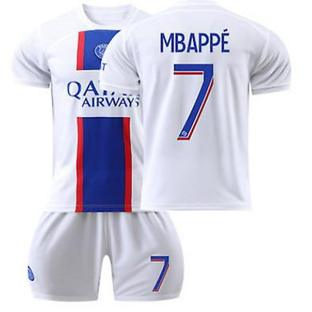 16White 7CMbappe 7# Sergio Ramos 4# Conjunto de uniformes de fútbol con protectores de calcetines y rodillas para niños y niñas Nuevo diseño Deporte Moda Equipo de fútbol Jersey Traje para esquí esquí Gafas de esquí