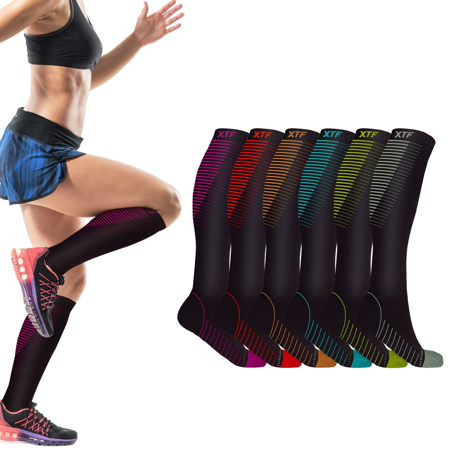 Copper Compression Socks - Knee High for Running, Athtletics, Travel - 6 Pair