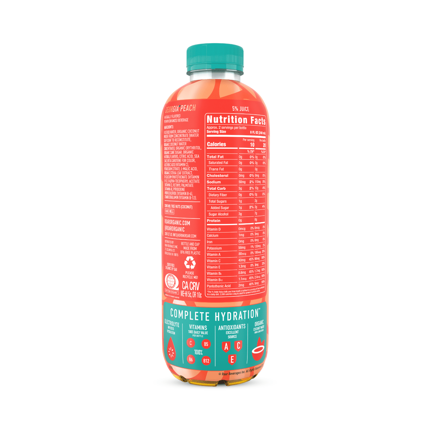 Roar Organic Beverage Georgia Peach with Antioxidants, B Vitamins, Low-Calorie, Low-Sugar, Low-Carb, 18 fl  oz Bottle